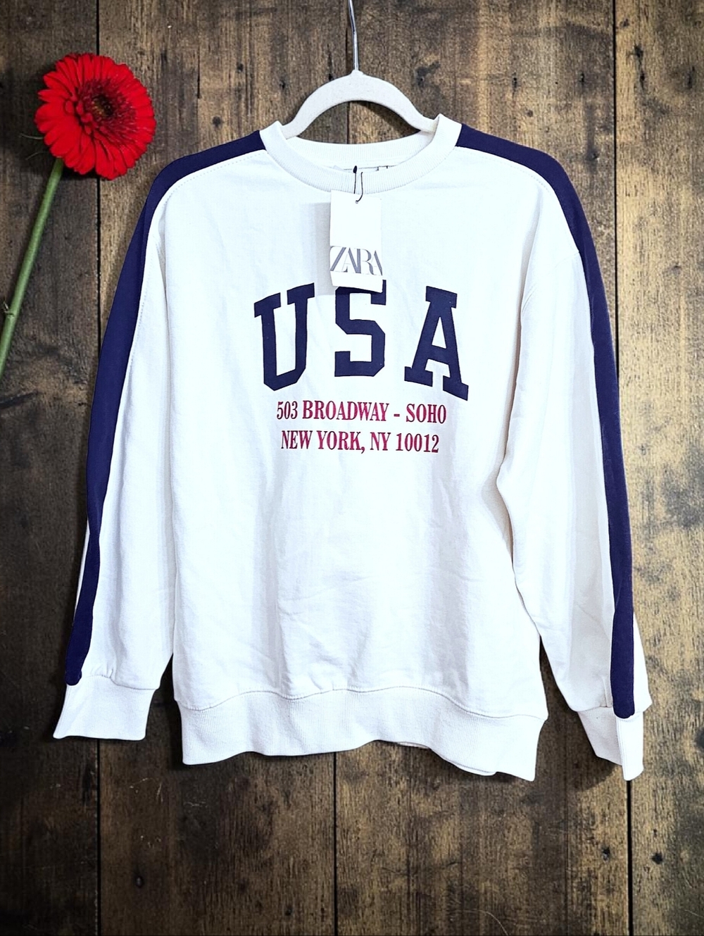Zara White Cotton USA Crewneck Sweatshirt Stripes 4th of July NWT Size 11-12